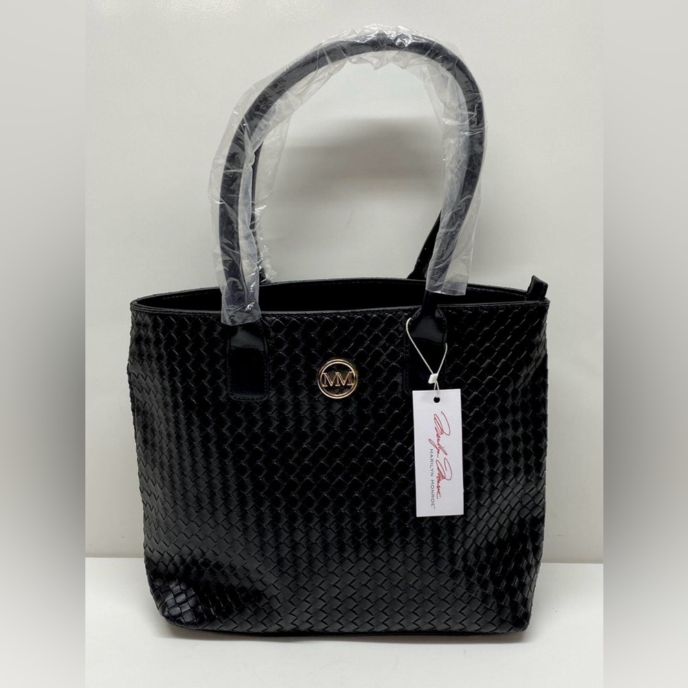 Marilyn Monroe Black Textured Double Handle Zipper Pockets Tote Bag
